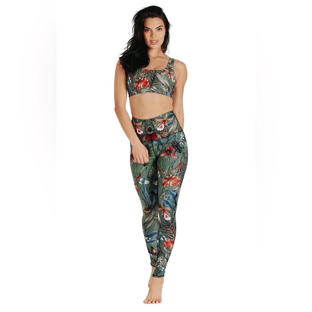 YOGA DEMOCRACY SET tropical floral workout leggings and top, size XS/M